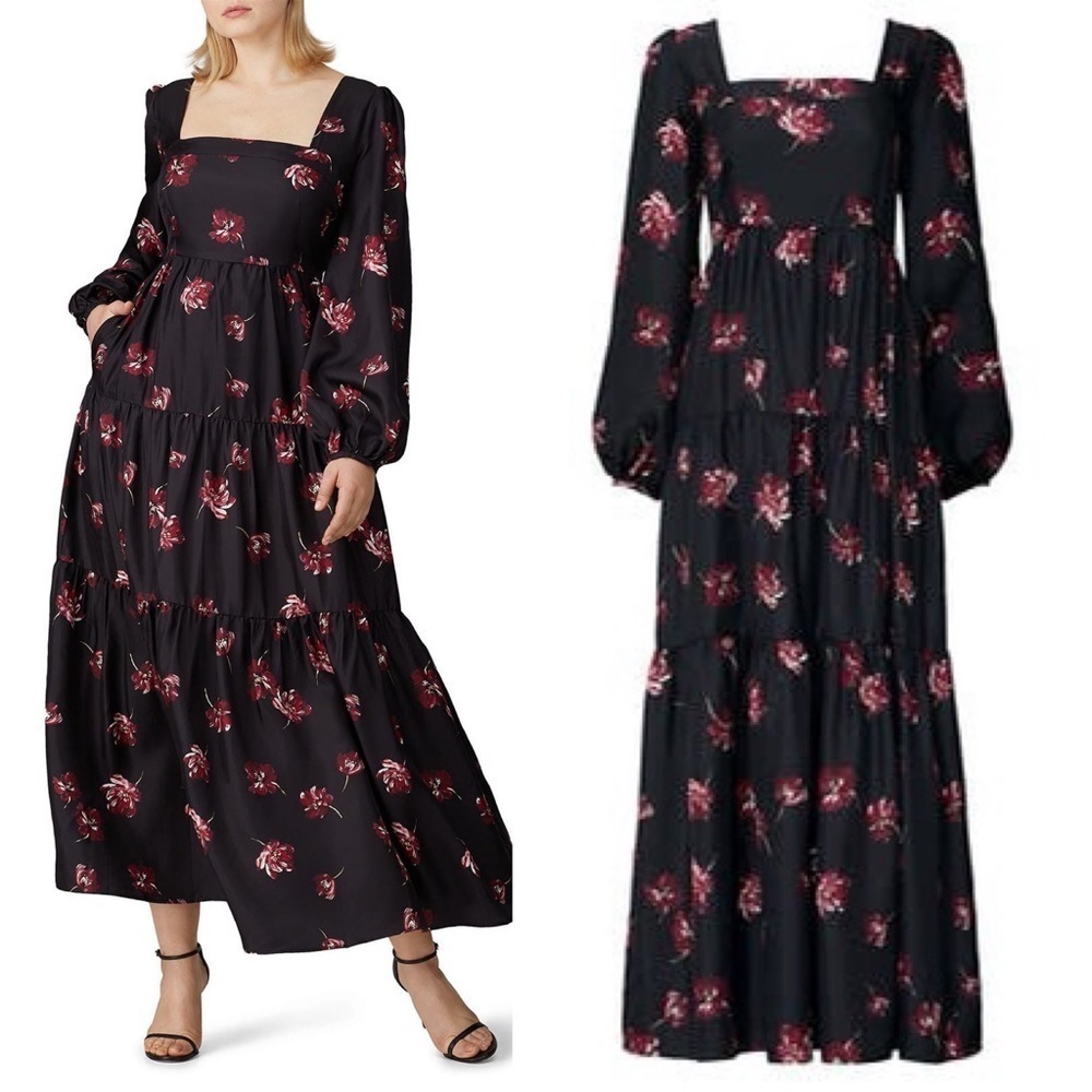 Nicholas Silk Floral Tiered Maxi Dress Black